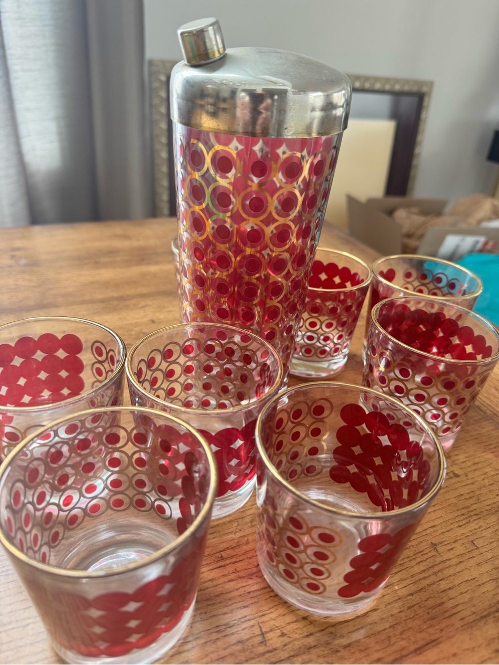 VINTAGE MID CENTURY Barware - MCM BARWARE - cocktail Shaker and lowballs - RARE